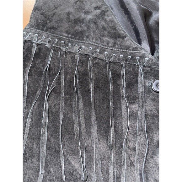 Black Suede Fringe Leather Vest Western Boho Button Front V-Neck Sz 3X Santa Fe - Picture 9 of 9